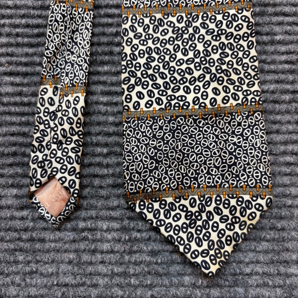 Venezia Italy‎ Mens Silk Necktie Black White Geometric Oval Striped Print Tie